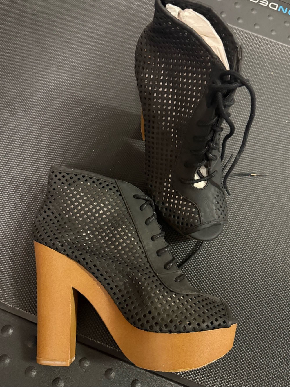 Nordstrom Black Perforated Lace-Up Platform Heels with Tan Wood-Effect Sole - Picture 2 of 3